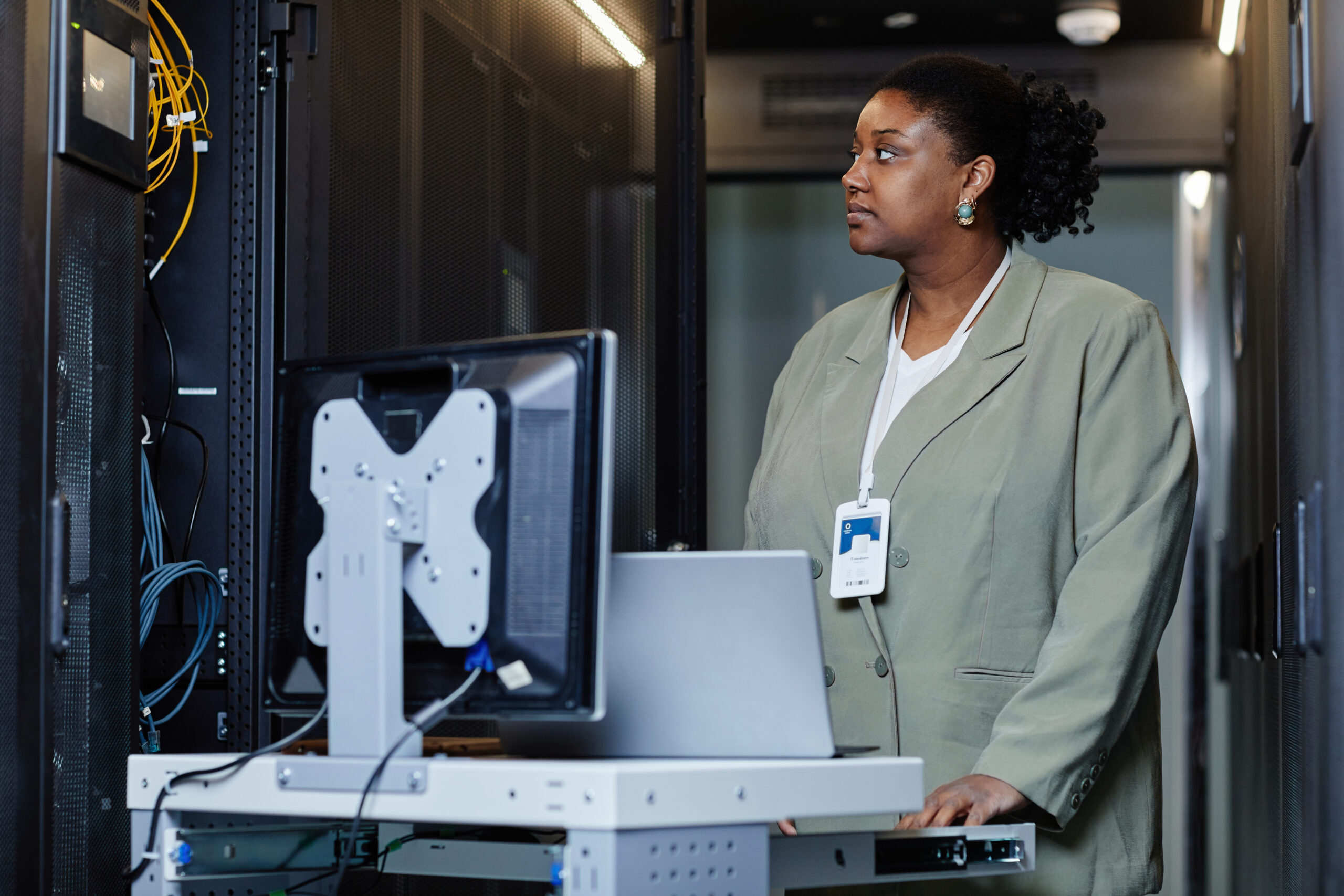 An on-site security professional in a data center.